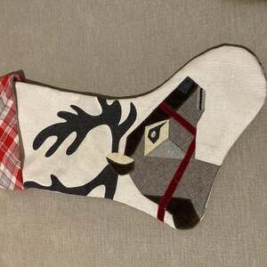 Reindeer Appliqué Christmas Stocking, Linen-Style Fabric with Plaid Cuff -snag a